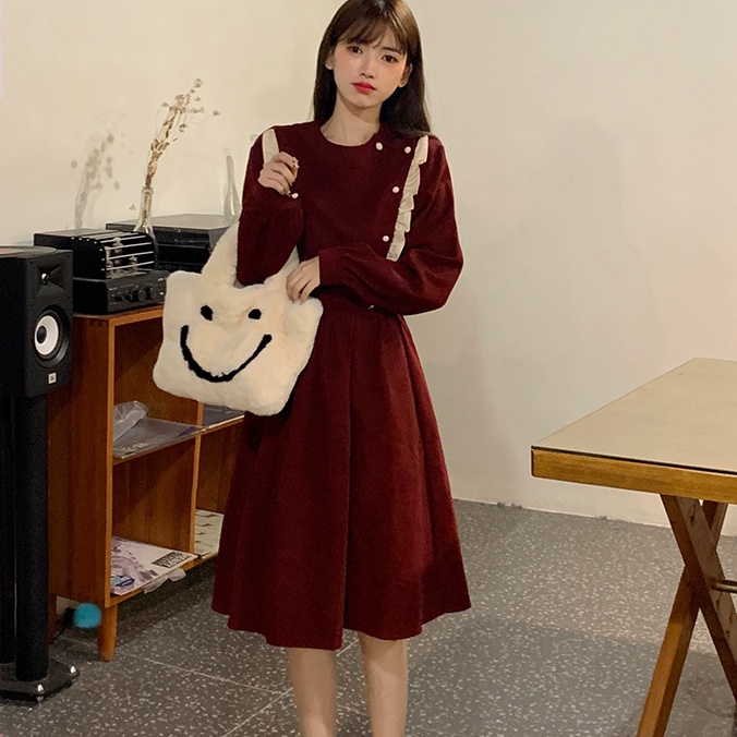 Đầm Màu Đỏ Đen Trơn Dáng Ôm Thời Trang Thu Đông Dành Cho Nữ