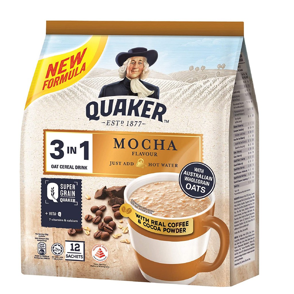 Combo 2 Túi Thức uống yến mạch Quaker 3in1 Vị Mocha &amp; Truyền thống