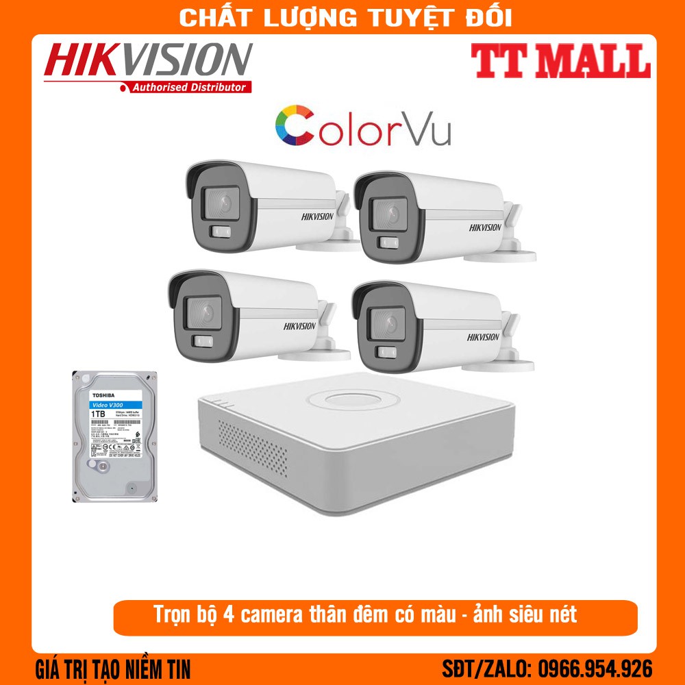 {MÀU 24/24} TRỌN BỘ 4 CAMERA THÂN GIÁM SÁT DS-2CE10DF0T-F COLOR VU - TẶNG KÈM Ô CỨNG TÙY CHỌN - 40M DÂY LIỀN NGUỒN XỊN