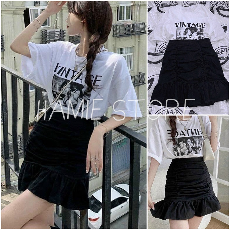 Set bộ nữ hàn quốc áo phông trắng tay lỡ kết hợp chân váy body nhún mông đuôi cá HV098, Set bộ trẻ trung năng động