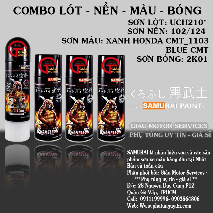 1103 - BỘ SP 4 CHAI SƠN XỊT SAMURAI LÓT 1TP UCH210 NỀN TRẮNG 102 MÀU XANH HONDA CMT BÓNG 2K01_ MÀU XANH HONDA_BLUE HONDA