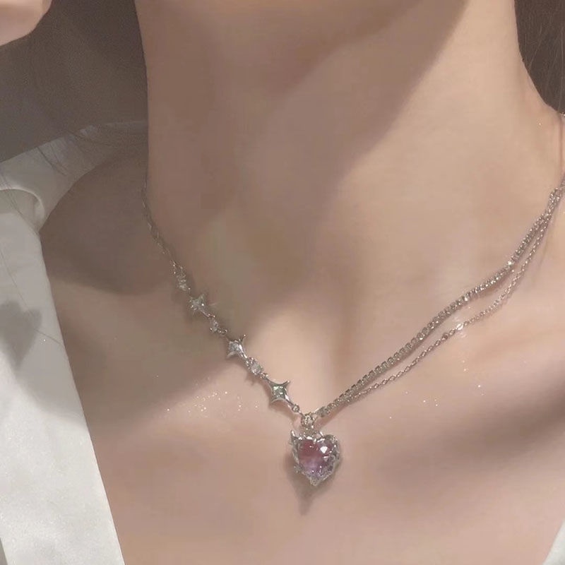 Vòng cổ Mặt Trái Tim Đính Đá zircon Hồng Phong Cách Hàn Quốc