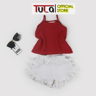 Bộ Đồ Mùa Hè Bé Gái Áo Dây Đỏ Quần Bèo Trắng Cho Bé Gái Vải Đũi Cotton