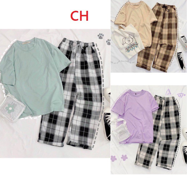 Sét áo phông Trơn + quần kẻ☝áo kiểu unisex from thụng chất đẹp☝quần lưng thun vải thể thao chất thể thao☝mát mẻ☝