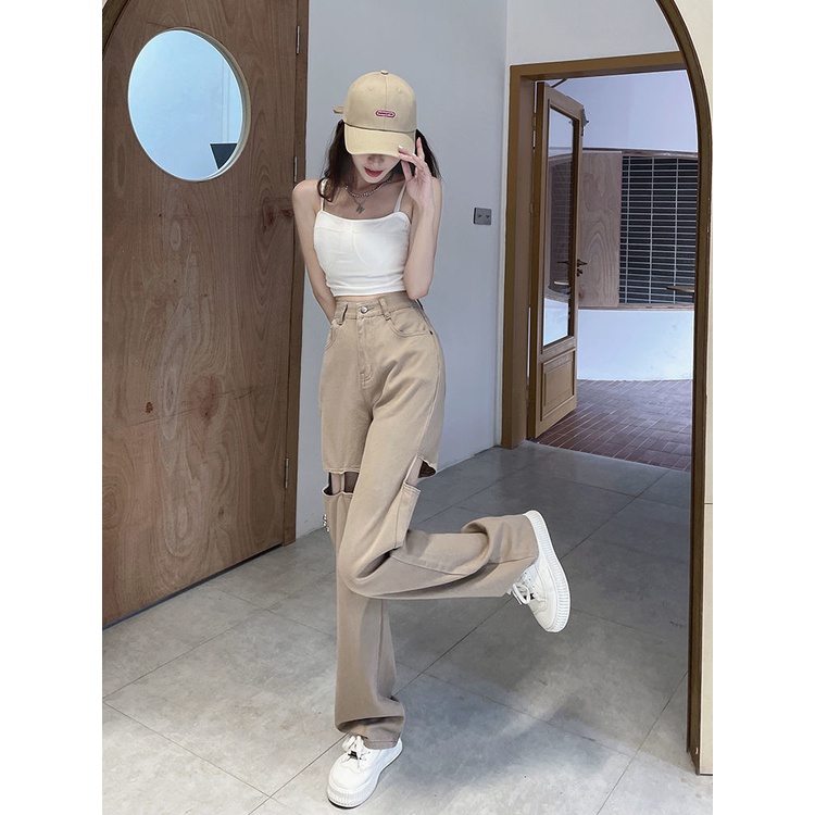 Phong cách mới!F &amp; X Quần Jeans Rách Ống Rộng Lưng Cao Thời Trang Mùa Hè Cho Nữ 2022