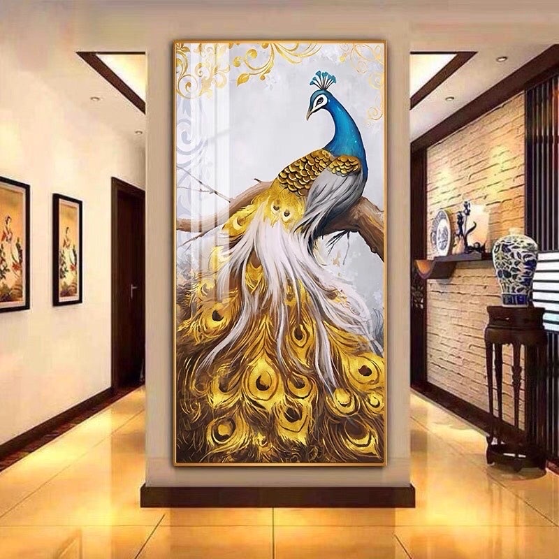 Tranh Treo Tường Trang Trí Phòng Khách Chiêu Tài Lộc /Cá Koi Và Cửu Ngư Quần Hội Chim Công Sang Trọng Kèm đinh Gắn Tường