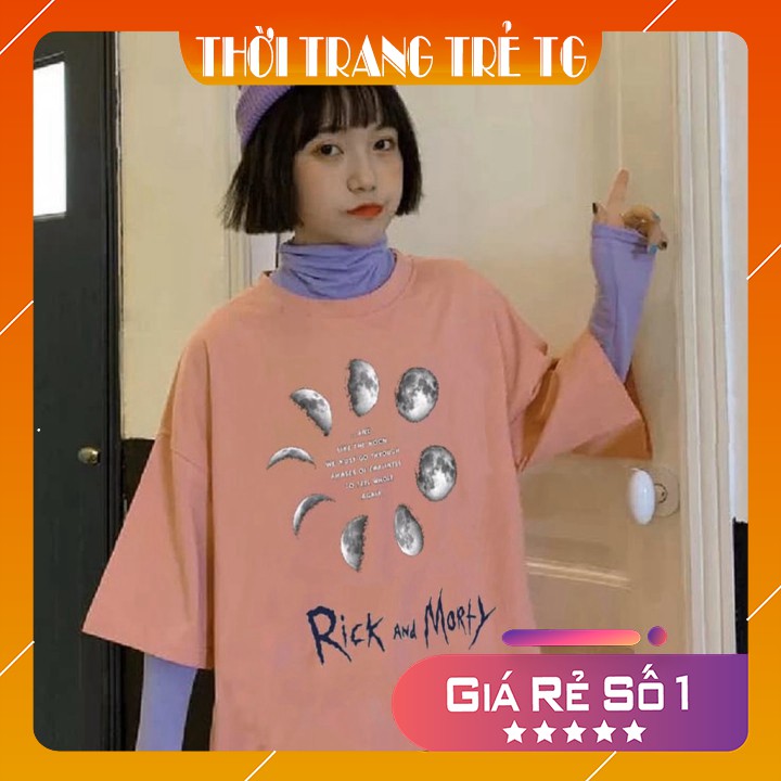 Áo thun 𝑭𝒓𝒆𝒆𝒔𝒉𝒊𝒑Áo phông form rộng dáng Unisex L48, mặc lớp, nhóm, cặp in chữ RICK AND MORTY  hình MẶT TRĂNG màu hồng