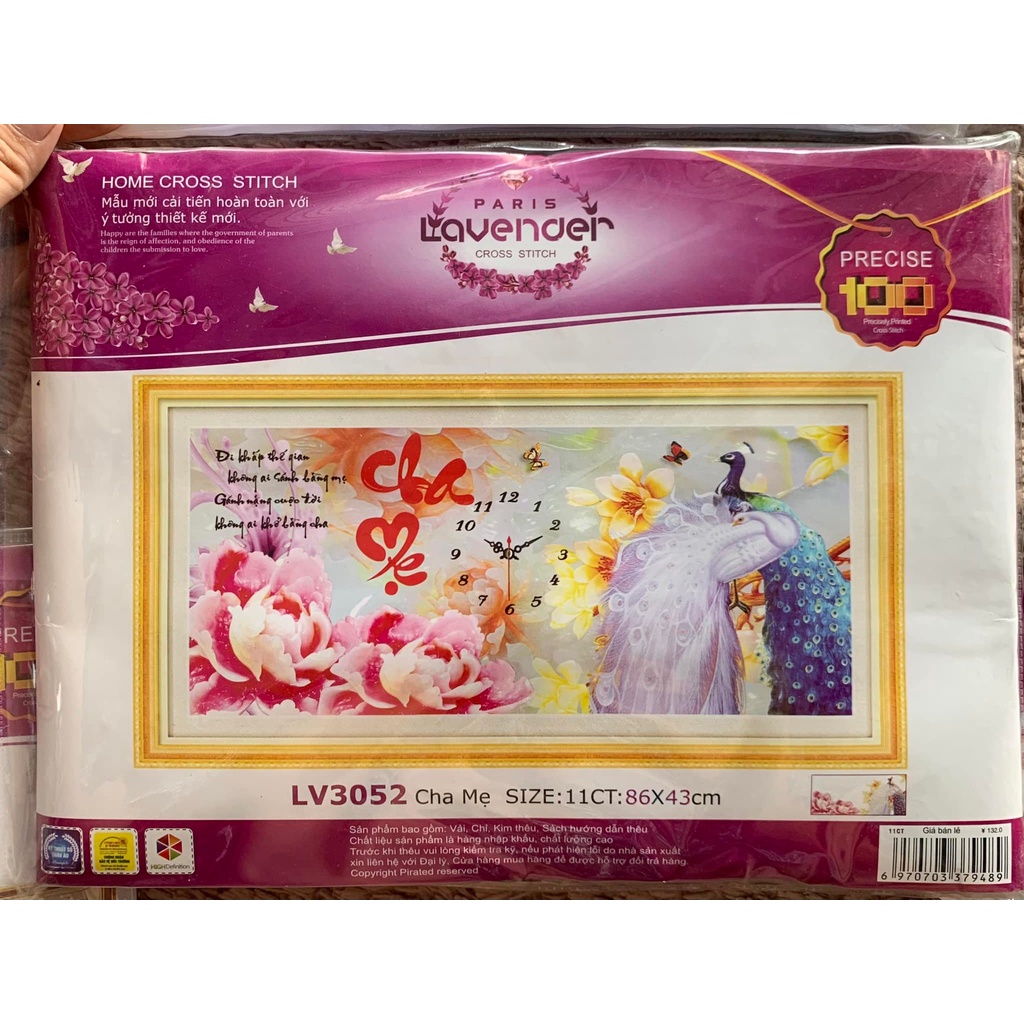 Tranh thêu đồng hồ cha mẹ KT:86x43cm,tranh chưa thêu.Tặng kéo và xỏ chỉ.