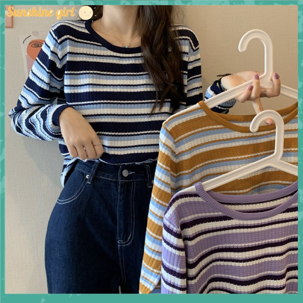 Áo Sweater Tay Dài Dáng Rộng Kẻ Sọc Ngang Trẻ Trung Phong Cách Hàn Quốccroptop nữ