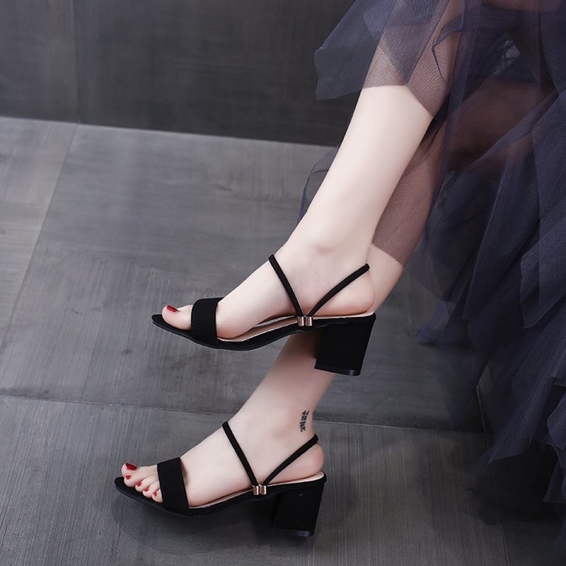 Giày sandal cao gót vuông 5p quai ngang hở gót 2 kiểu mang