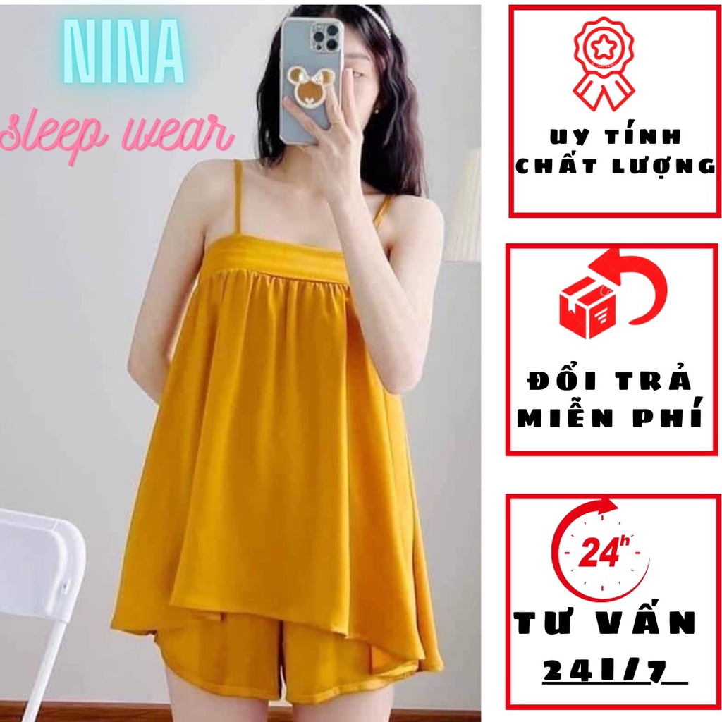 Set đồ ngủ hai dây dễ thương NINA, bộ ngủ 2 dây chất kate mát mẻ mùa hè