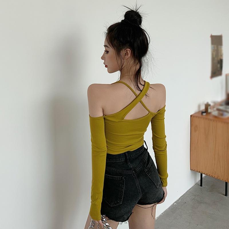 Áo thun tay dài hở vai màu sắc thời trang dành cho nữ