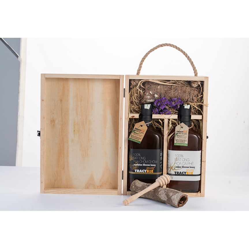 Hộp quà gỗ đôi mật ong hoa cà phê và chôm chôm 600ml