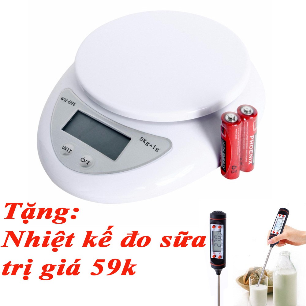 Cân điện tử  5kg nhà bếp mini + Tặng nhiệt kế đo độ sữa, thực phẩm