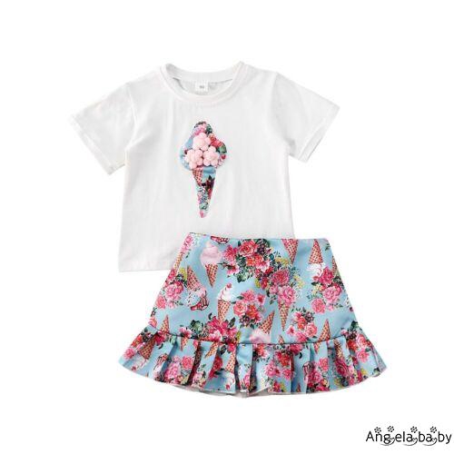 Set áo thun và chân váy in hình cây kem bông hoa cho bé gái