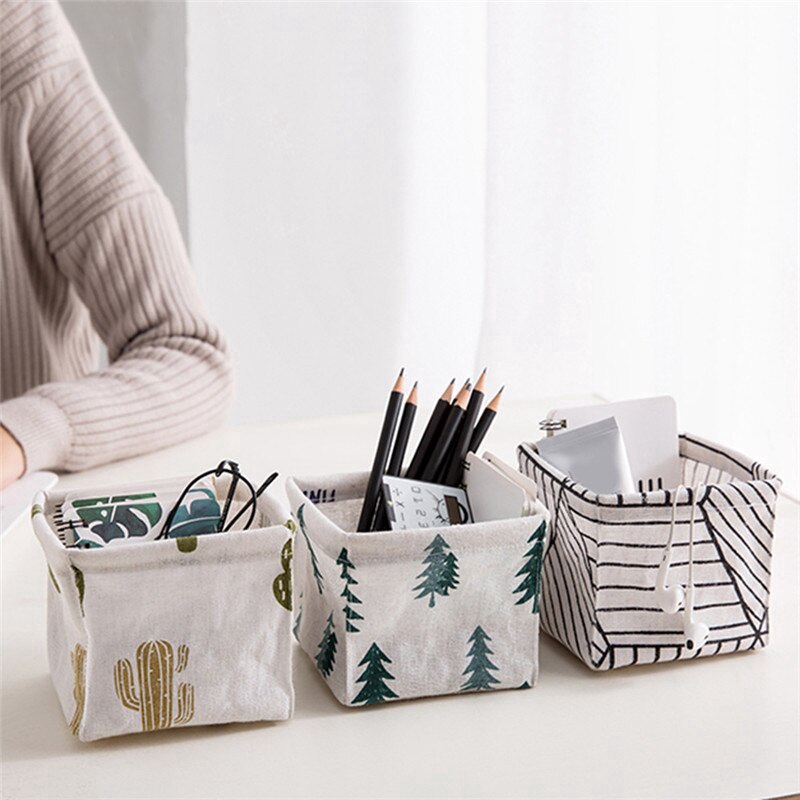 Nordic Fashion Cotton Linen Desktop Makeup Storage Box Desk Stationery Storage Basket Sundries Finishing Box