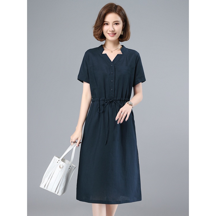 Đầm linen dáng suông, váy sơ mi nữ  thiết kế cổ V ngắn tay công sở màu xanh đen Da164