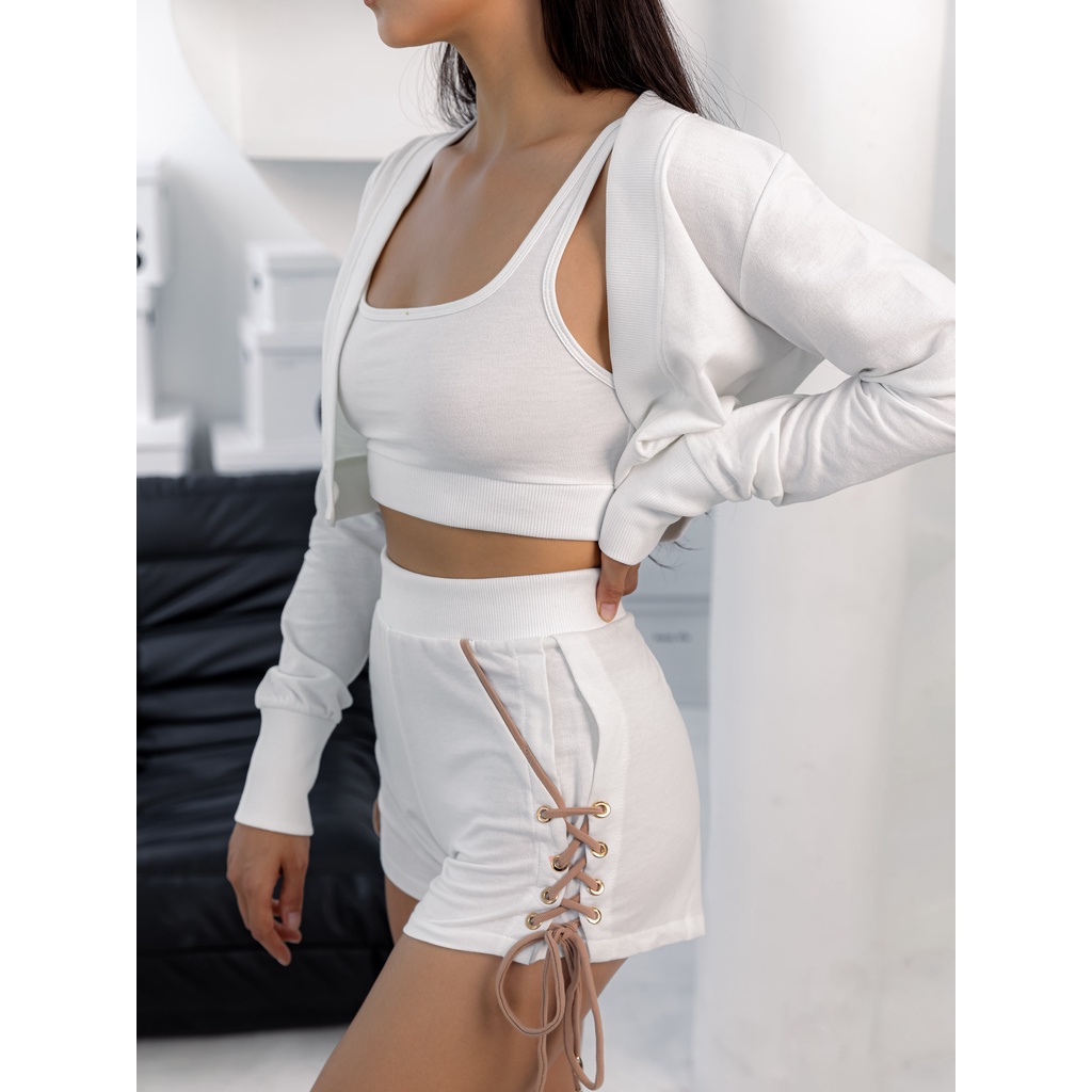 Set Bộ 3 Món Áo Croptop Nữ Tay Dài Phối Short 4 Màu Đen,Trắng, Xám, Vàng, SOMEHOW,WO000013.