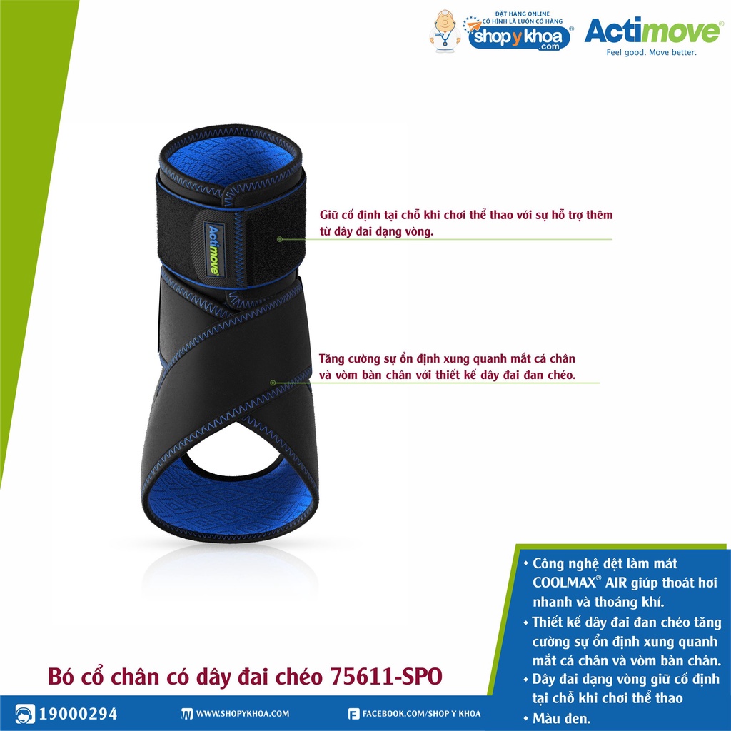 Bó Cổ Chân Có Dây Đai Chéo Actimove, Màu Đen [75611-SPO]. Nhập Khẩu Châu Âu (1 Cái)