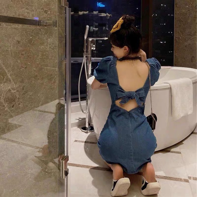 Đầm xanh nữ dáng a midi tay ngắn hở lưng Emilyshop