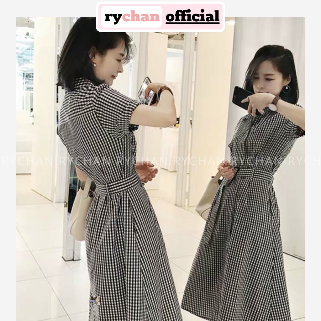 Đầm Sơ Mi Xòe Midi Caro Kèm Belt - DX9894