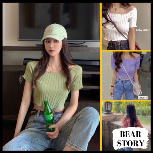 Áo Croptop Kiểu Nữ Thun Gân Len Tăm Trễ Vai Tay Ngắn - AK0041 | bear.story