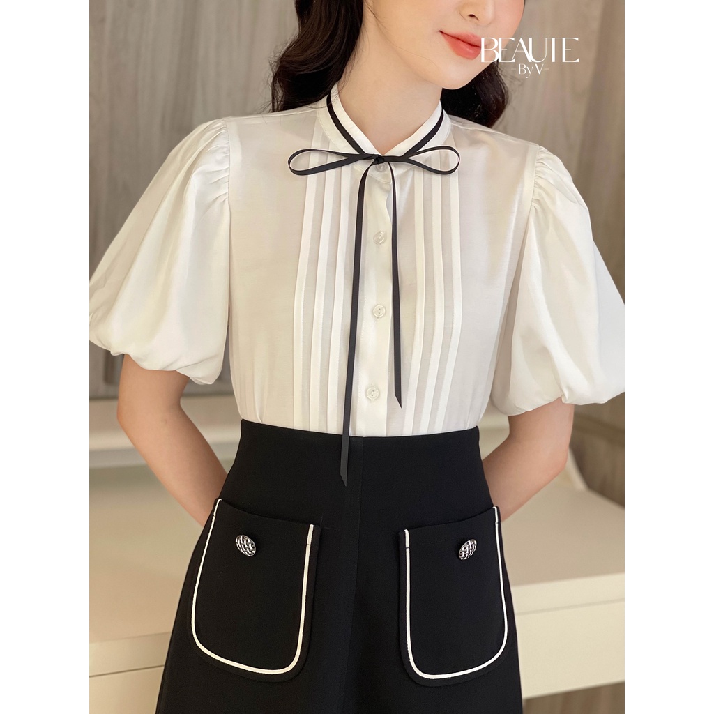 BEAUTEBYV - Áo sơ mi nữ cổ tàu phối xếp ngực Maline