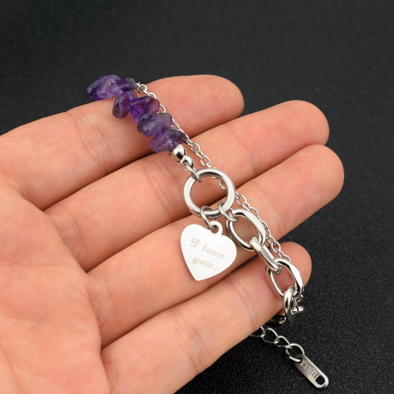 Vòng Đeo Tay Bằng Thép Titan Đính Đá Thạch Anh Tím Phong Cách Hip Hop Dành Cho Nam Và Nữ