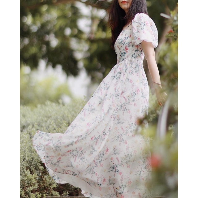 Đầm maxi hoa hai dây tay phồng xoè dài RUCHAN