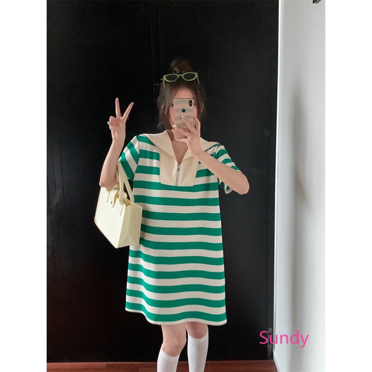 Đầm Kẻ Sọc Thời Trang Mùa Hè Hàn Quốc Cổ Điển Kích Cỡ Lớn Cho Nữ