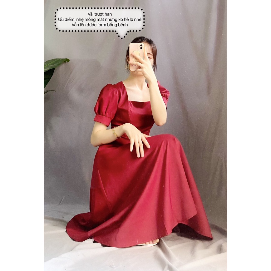 Đầm Nữ Tay Bồng Vintage - Váy Nữ Dáng Xòe Cổ Vuông Đáng Yêu kèm video ảnh thật, Vaycovuongcoc125