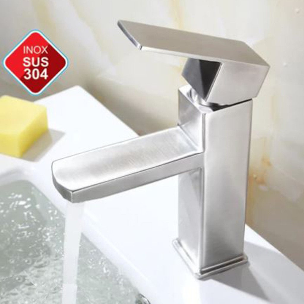 Vòi Lavabo nóng lạnh inox 304 mờ (kiểu vuông) LANKA - TẶNG KÈM 2 DÂY CẤP INOX