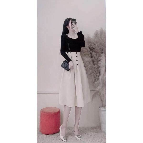 set áo len cúp ngực kèm chân váy MIDI xoè màu be