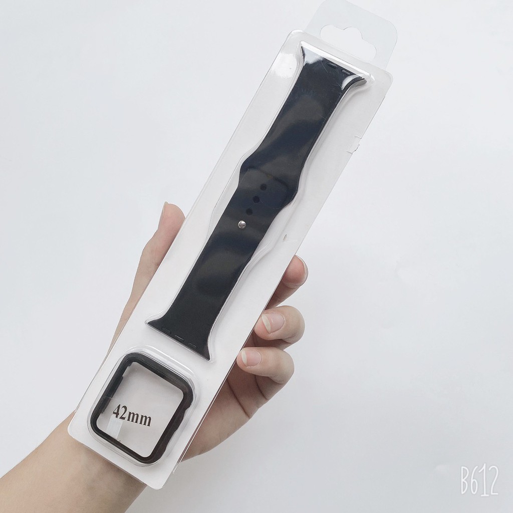 Bộ Ốp kính cường lực 9H và Dây đeo màu chống bẩn bảo vệ đồng hồ Apple Watch size 38mm 40mm 42mm 44mm cho các loại Series