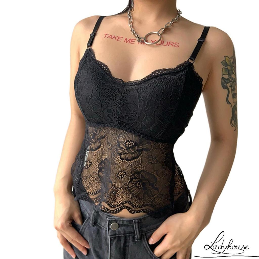 Áo tank top hai dây phối ren họa tiết bướm hở lưng có thể điều chỉnh thời trang mùa hè cho nữ