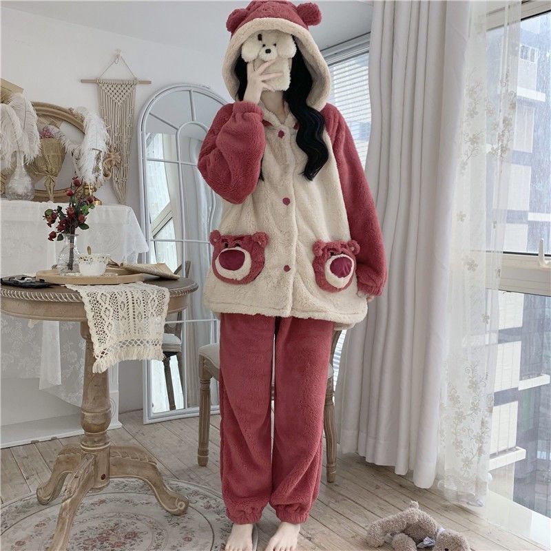 Bộ ngủ lông cừu, 2 mặt siêu mền mịn túi hình gấu đỏ trắng dễ thương phong cách hàn quốc, sét giữ nhiệt