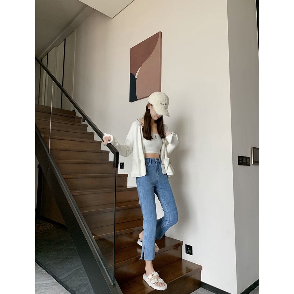 Quần bò jean nữ ống đứng sẻ gấu co giãn suông rộng jeans cạp cao 3 màu cao cấp Hottrend
