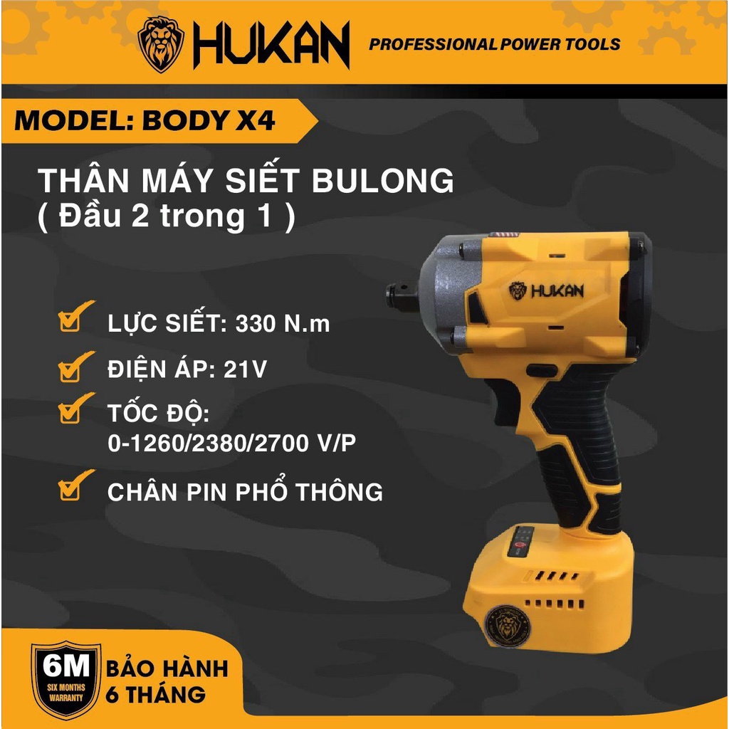 Thân Máy siết bulong pin 21V HUKAN X4 Pro lực siết 330NM Không Chổi than chân pin phổ thông