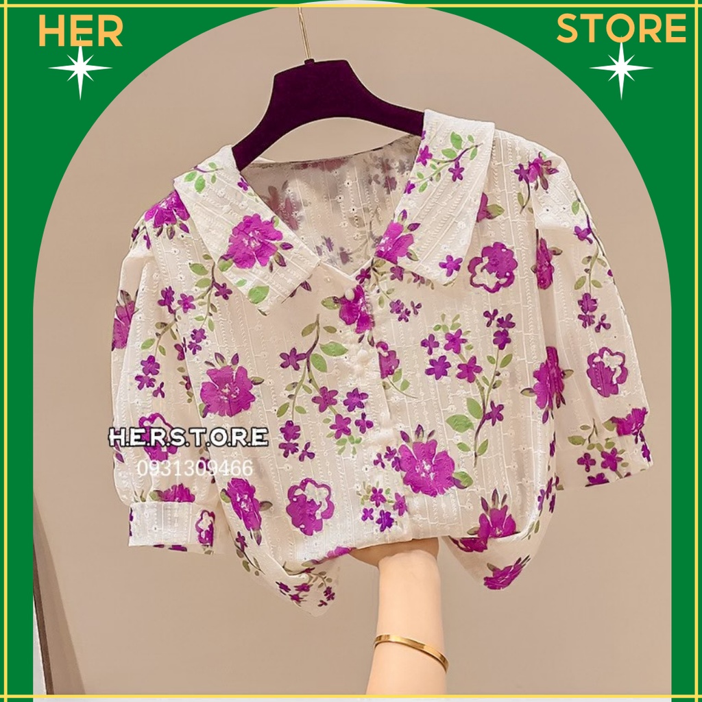 Sơ mi công sở cổ sen họa tiết hoa vintage -Herstore