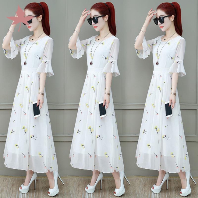 Đầm tay loe hoạ tiết hoa thiết kế cổ chữ V nữ tính