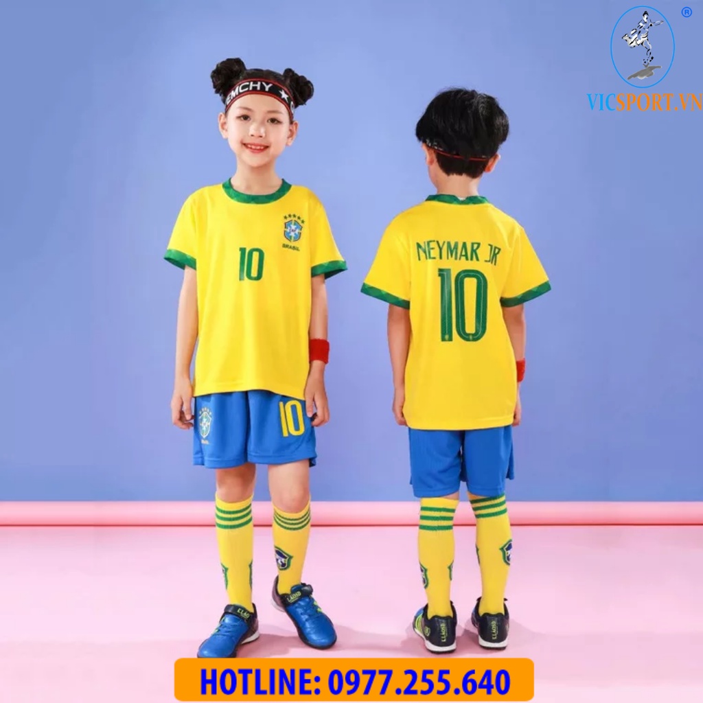 Áo Bóng Đá, Quần Áo Đá Banh Trẻ Em Đội Tuyển Brazil  Vải Thun Lạnh Thoáng Mát Cho Bé - Vicsport