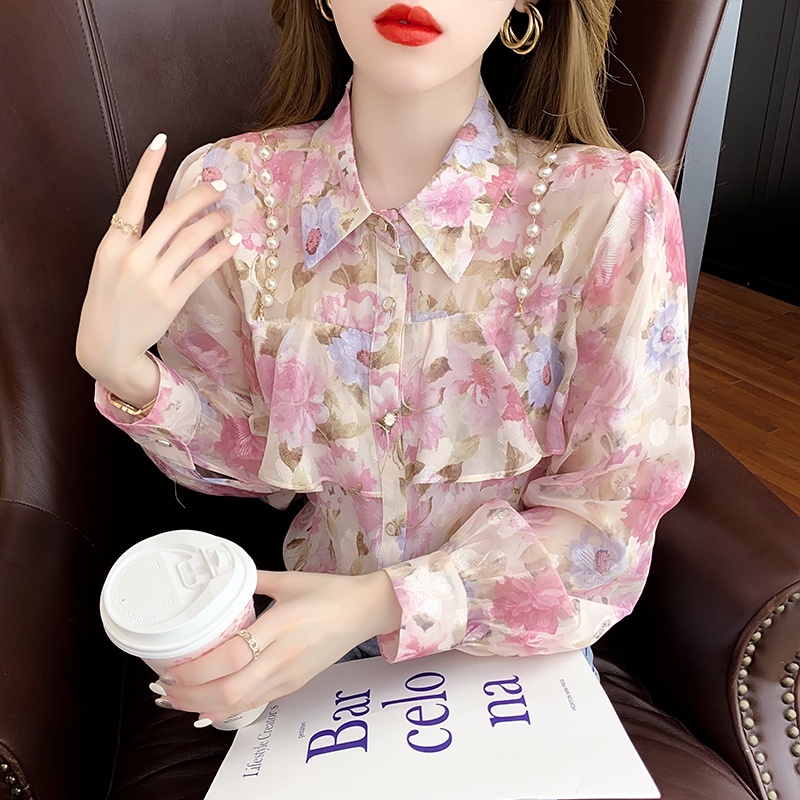 Áo Sơ Mi Chiffon Mỏng Viền Gợn Sóng Đính Ngọc Trai Họa Tiết Hoa Xinh Xắn