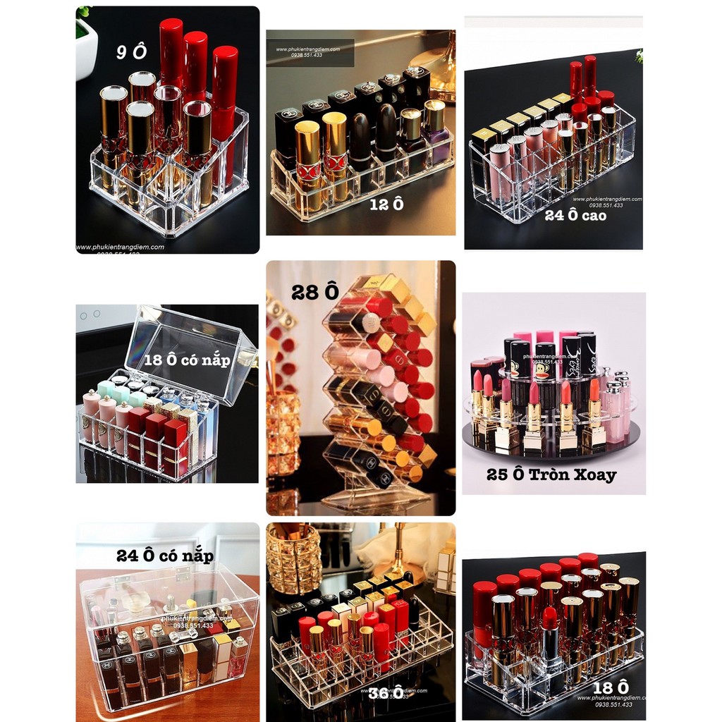 Khay Kệ Đựng Son Môi 9 ô - 12 ô - 18 ô - 24 ô - 28 ô - 36 ô Trong Suốt Xoay Tròn 360 Độ