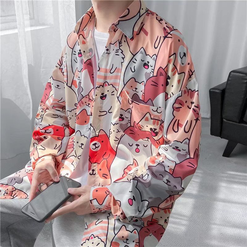 Áo Sơ Mi Nam Dài Tay In Hình Mèo Hoạt Hình Dễ Thương Phong Cách Hàn Quốc