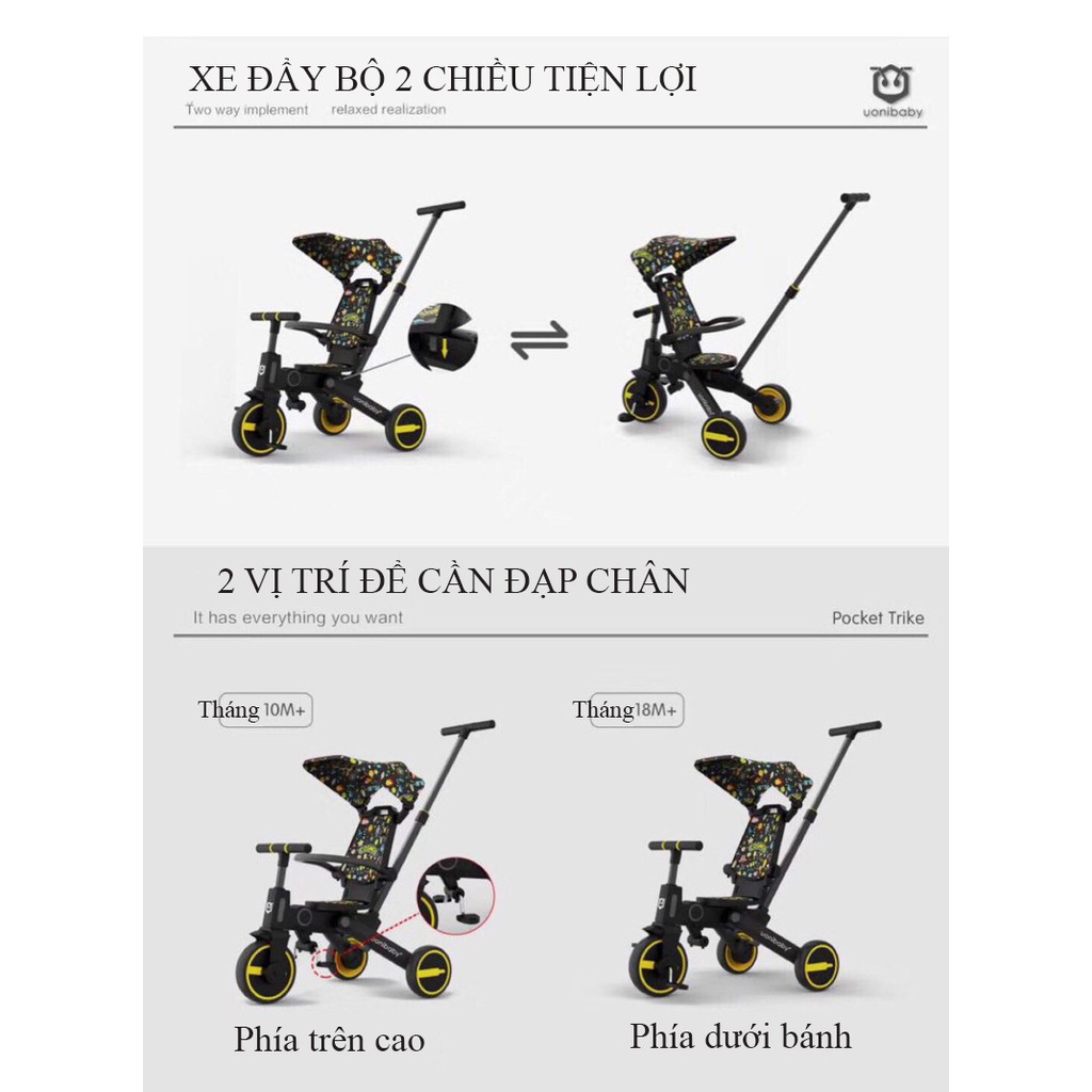 [Trọng tải 40kg] Xe chòi chân 3 bánh kiêm xe đẩy hai chiều em bé Uonibaby 5in1 (Đức), gấp gọn, dành cho bé từ 1 - 5 tuổi