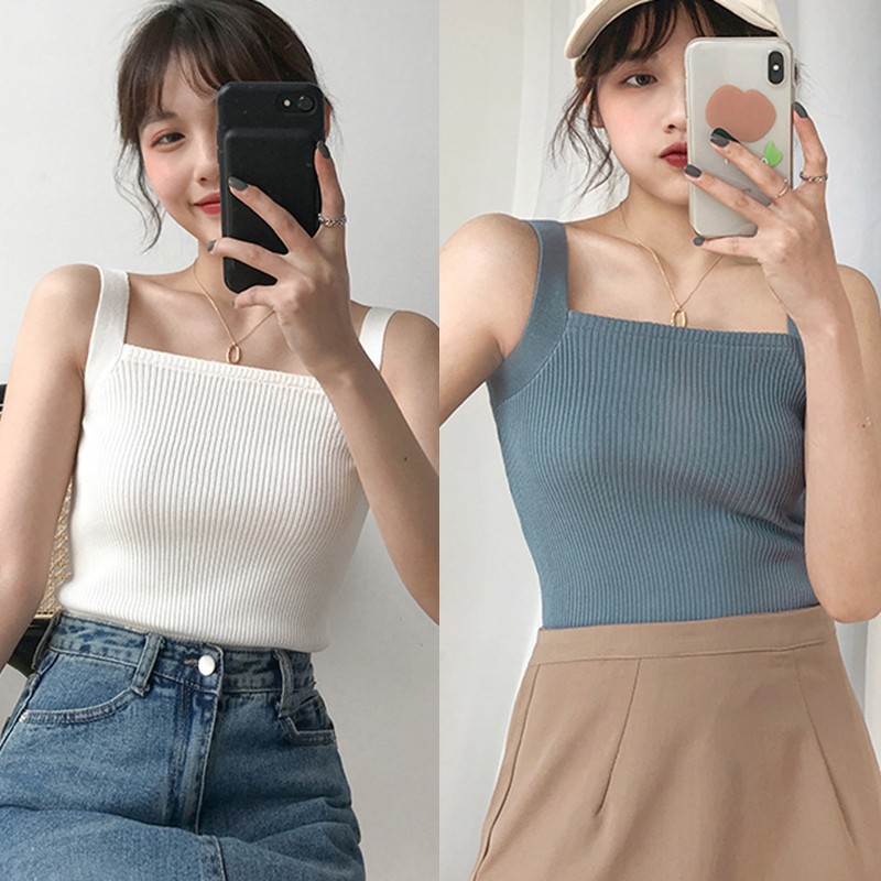 Áo Croptop Dệt Kim Nữ Sát Nách Cổ Vuông Màu Trơn Gợi Cảm