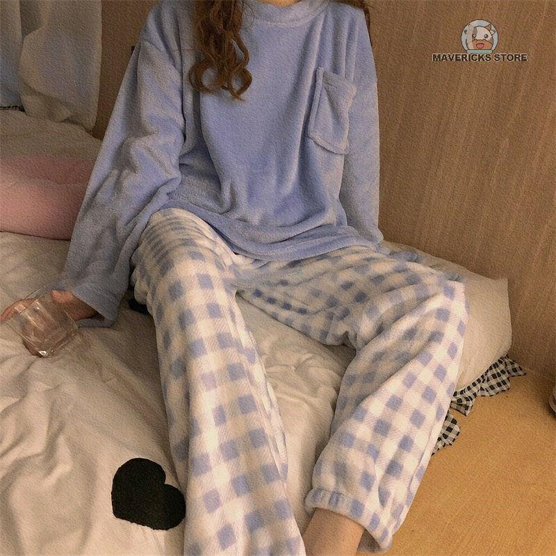 Bộ quần áo ngủ tay dài chất lông cừu ấm áp thiết kế trẻ trung hợp thời trang cho nữ