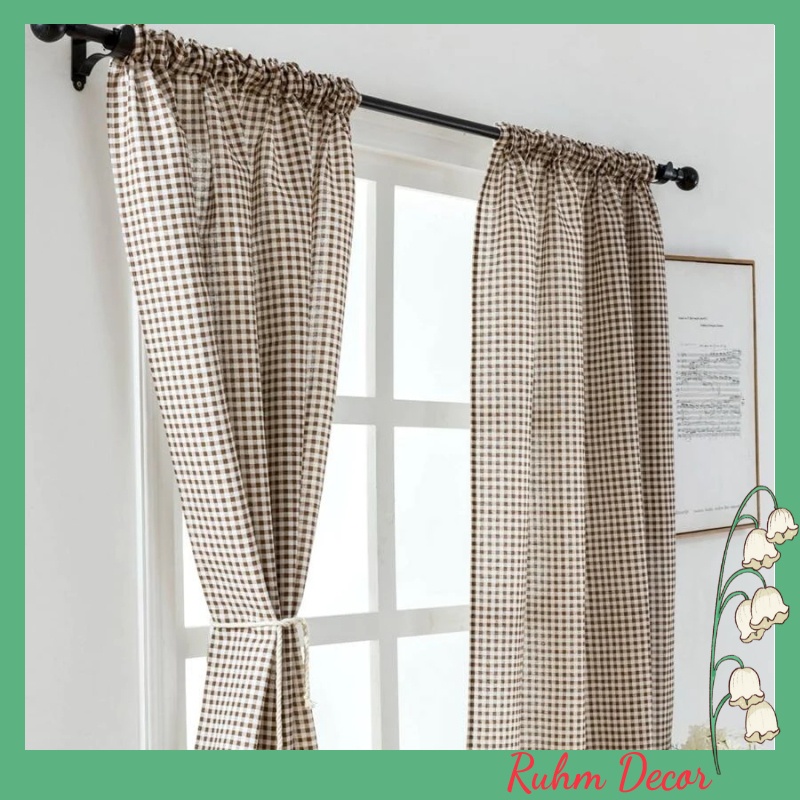 Rèm cửa chính decor trang trí nhà cửa nhiều mẫu mã - họa tiết Caro nâu R-G08