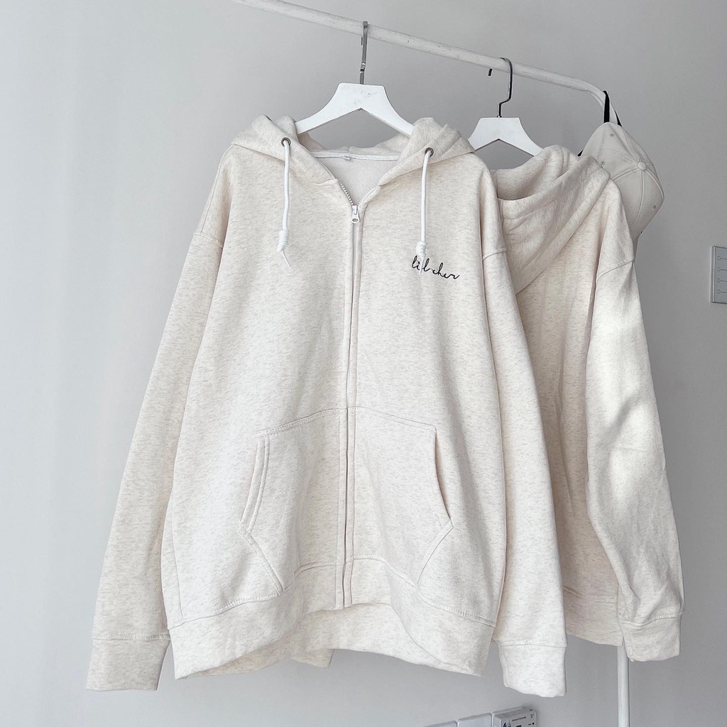 Áo khoác nỉ nữ Lilcher màu xám trắng unisex, áo khoác zip nỉ nữ unisex màu xám trắng phong cách