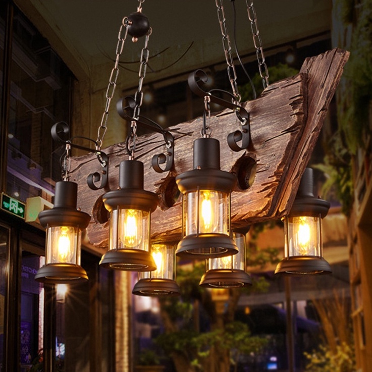 Retro tàu gỗ đèn chùm thả trần decor vintage trang trí nhà hàng, quán bar phong cách cổ điển